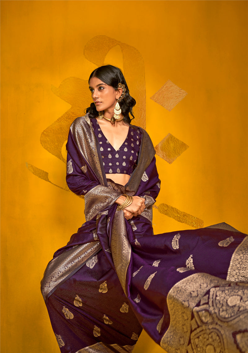 Stunning Plum Zari Weaving Silk Saree