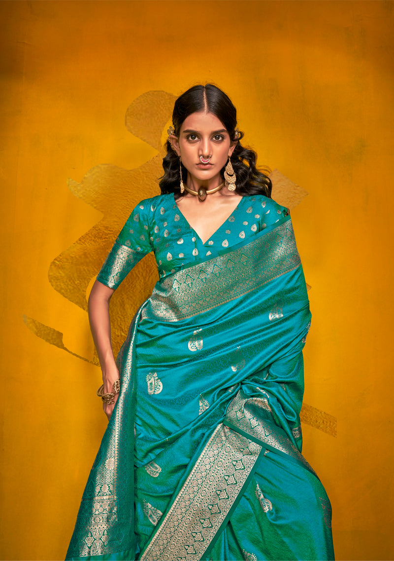 Stunning Teal Zari Weaving Silk Saree