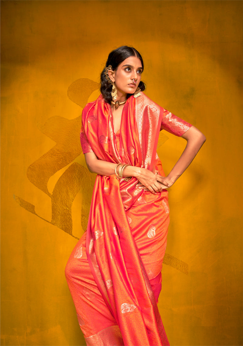 Stunning Orange Zari Weaving Silk Saree