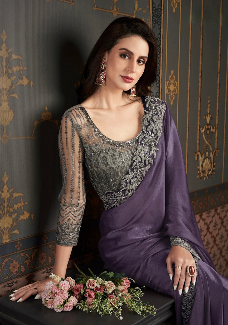 Purple Colour Embroidery Silk Saree