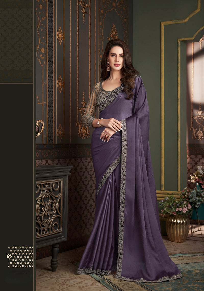 Purple Colour Embroidery Silk Saree