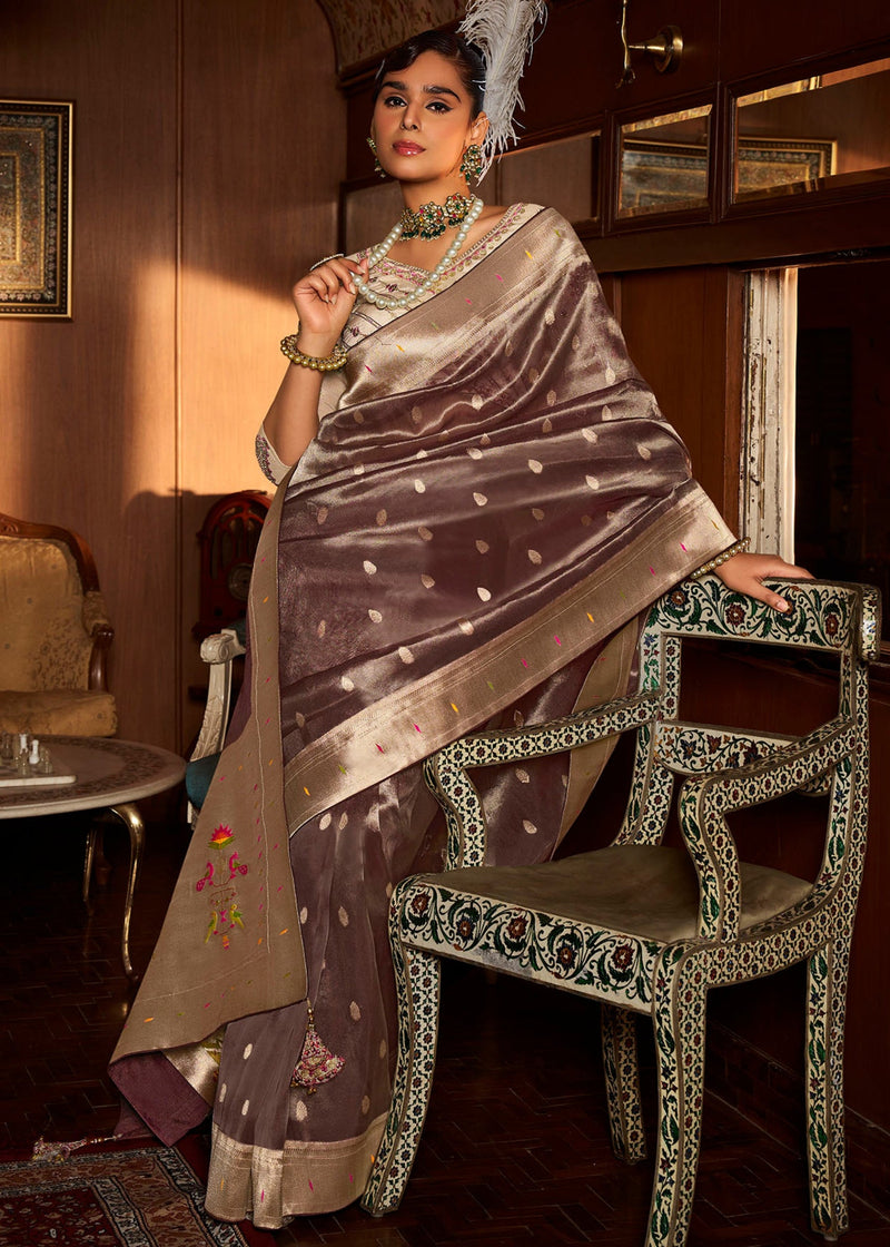 Pecan Brown Pure Tissue Paithani Silk Saree