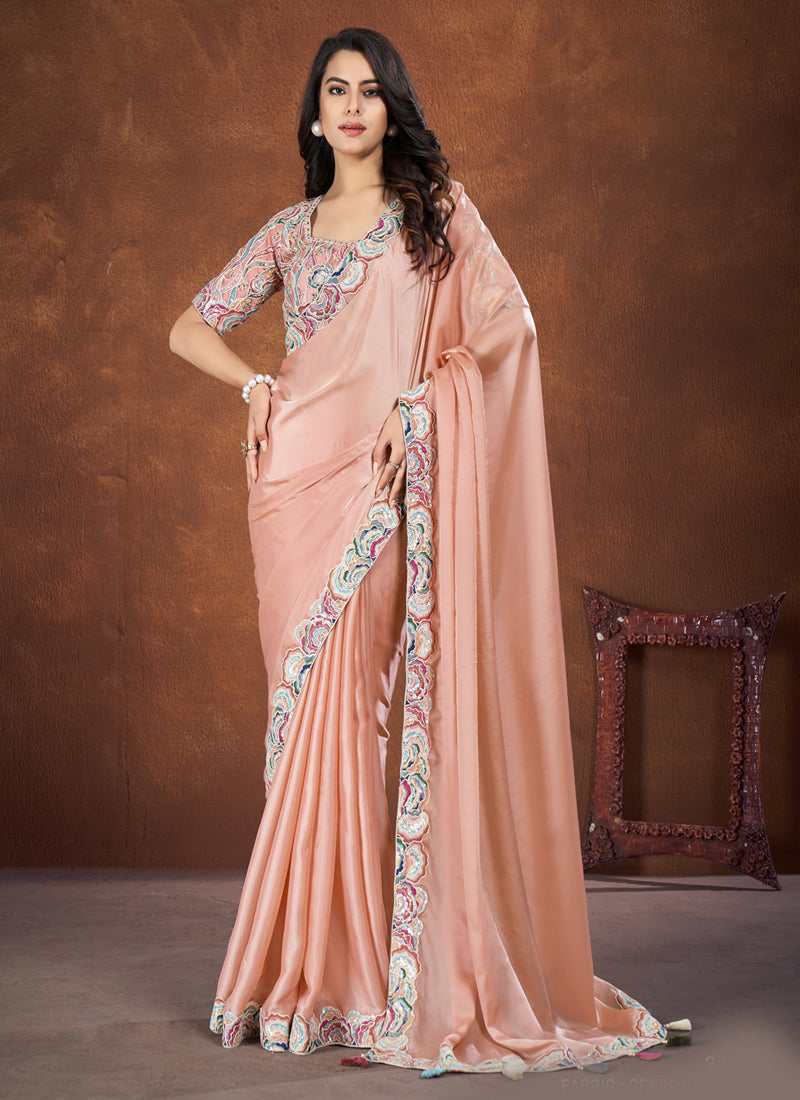 Crepe Satin Silk Saree With Stitched Blouse