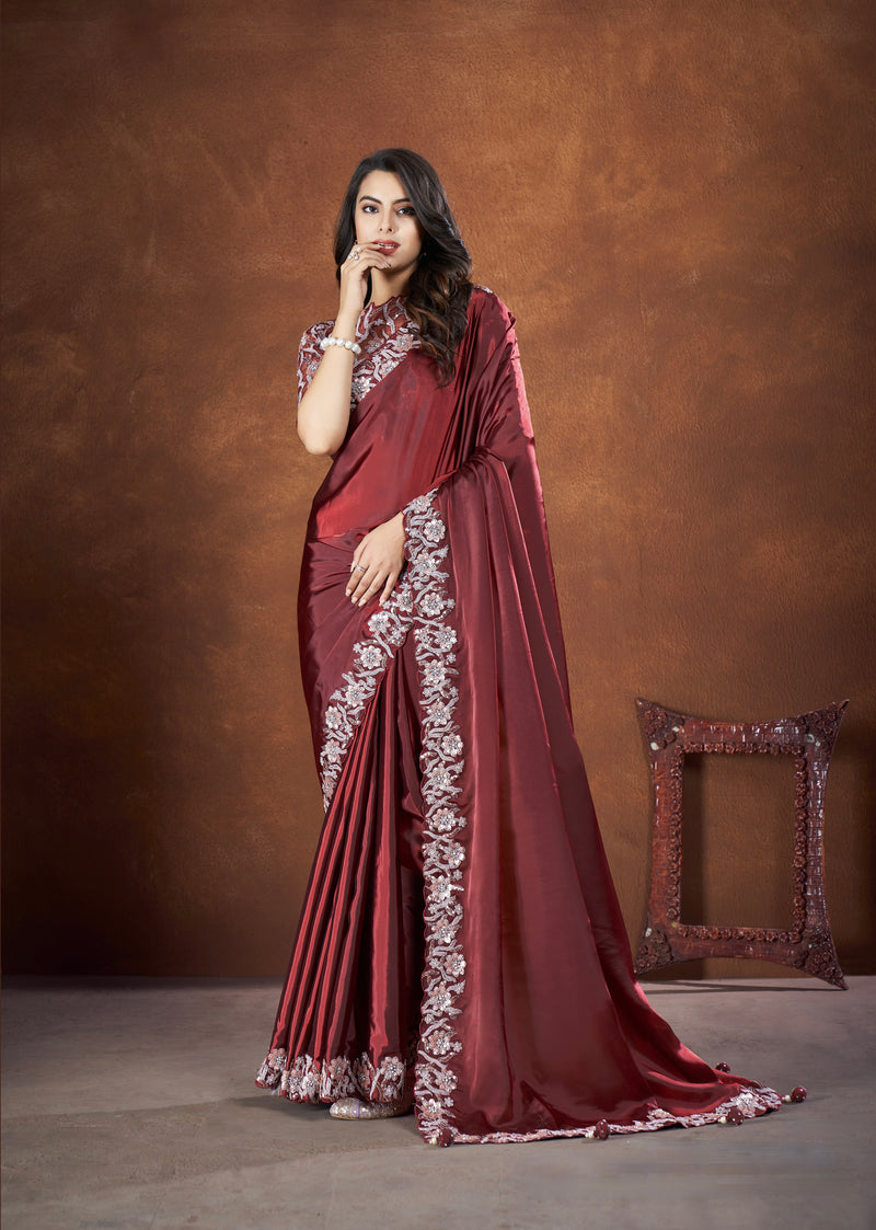 Satin Silk Saree With Stitched Blouse