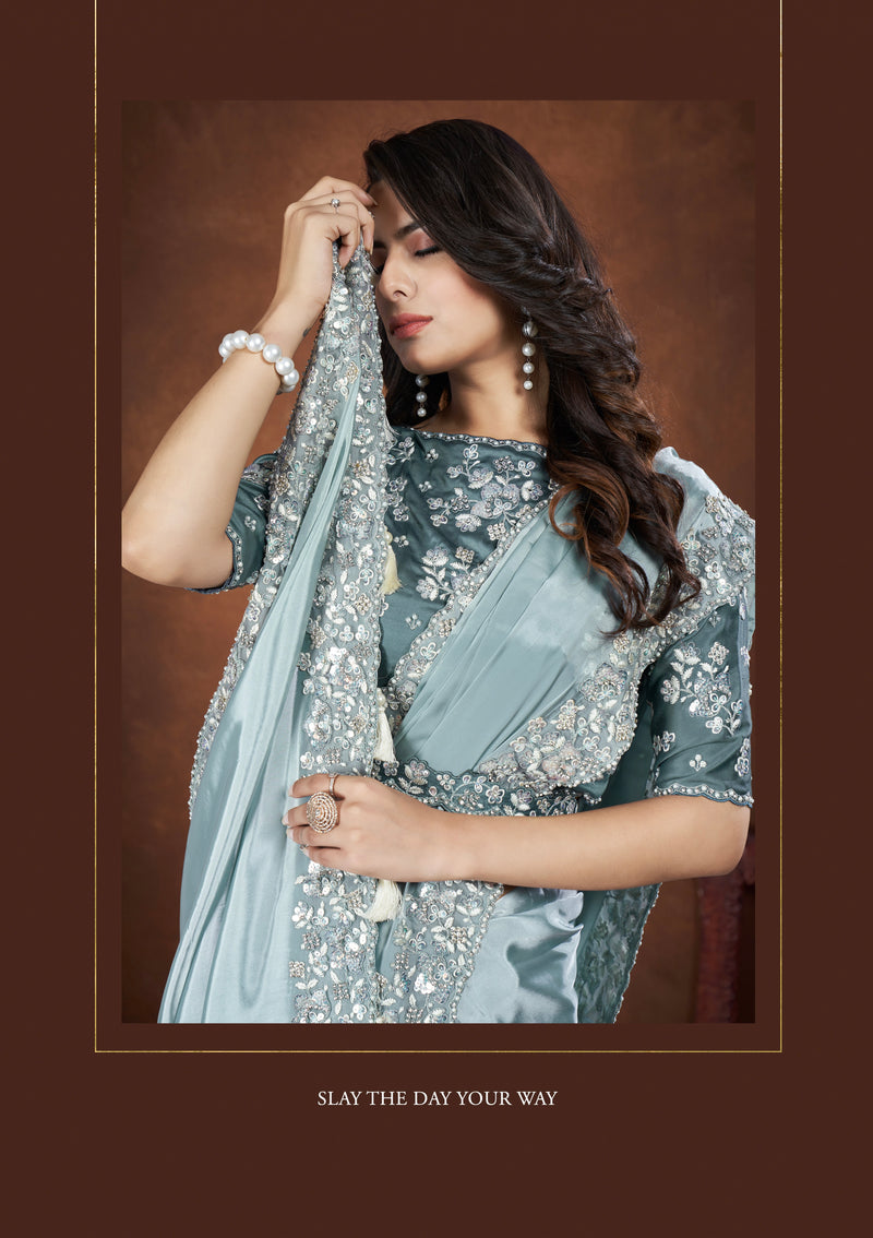 Satin Silk Saree With Stitched Blouse