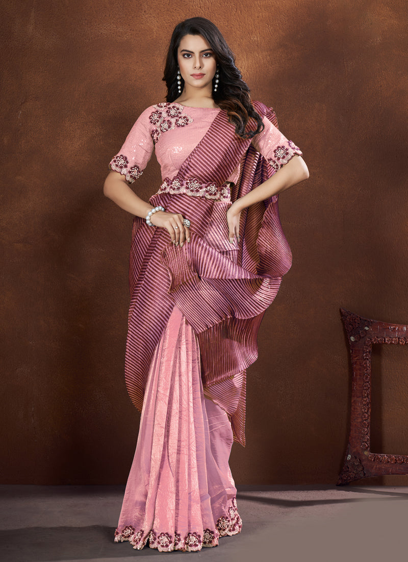 Crepe Satin Silk Saree With Stitched Blouse