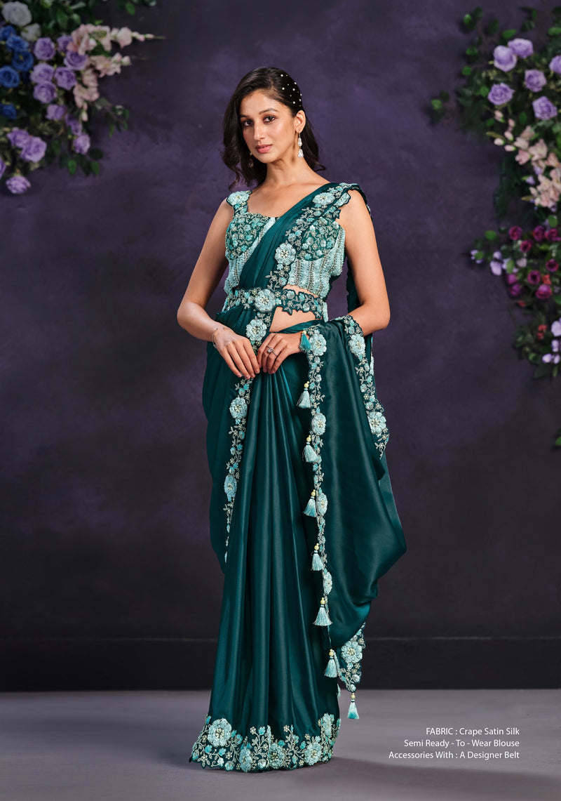 Sea Green Sequence And Stone Work Ready To Wear Saree