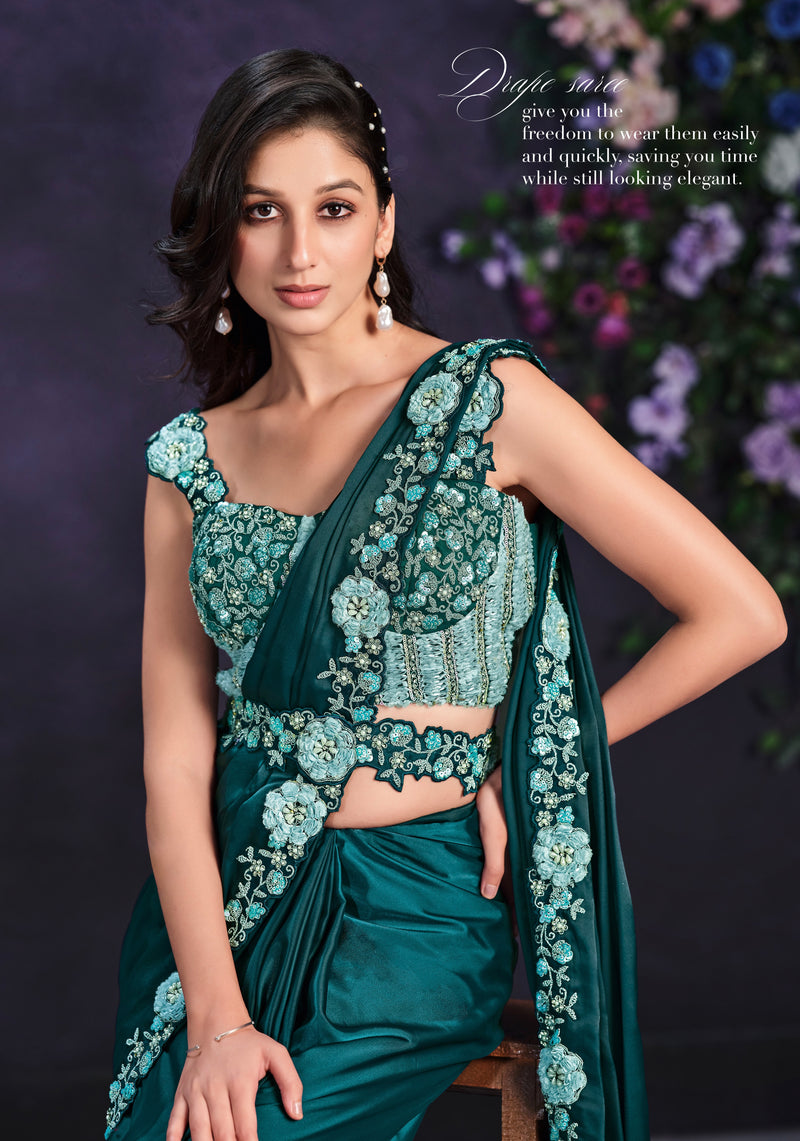 Sea Green Sequence And Stone Work Ready To Wear Saree