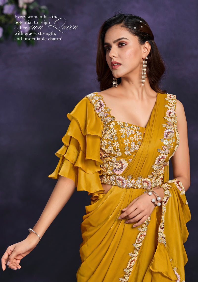 Mustard Yellow Crepe Satin Silk Embroidered Ready To Wear Saree