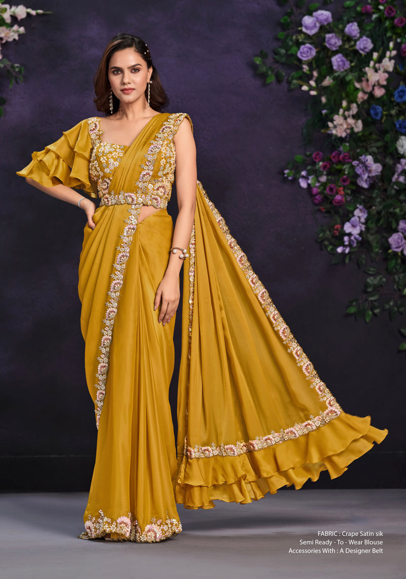 Mustard Yellow Crepe Satin Silk Embroidered Ready To Wear Saree