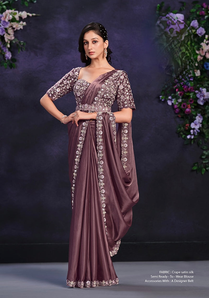 Shiny Brown Crepe Satin Silk Embroidered Ready To Wear Saree