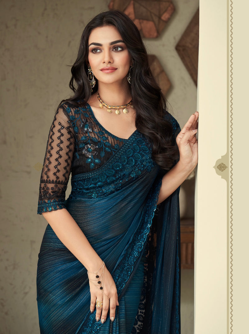 Teal Embroidered Wedding Designer Saree