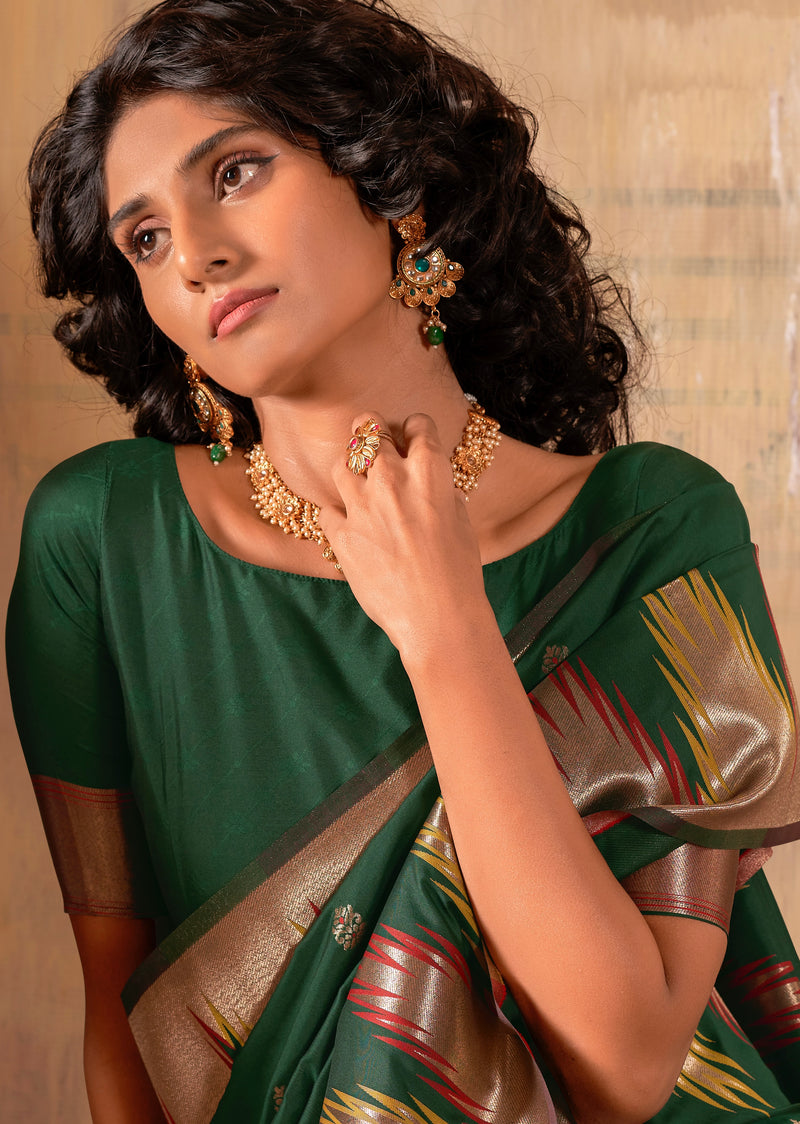 Bottle Green Zari Work Woven Silk Saree