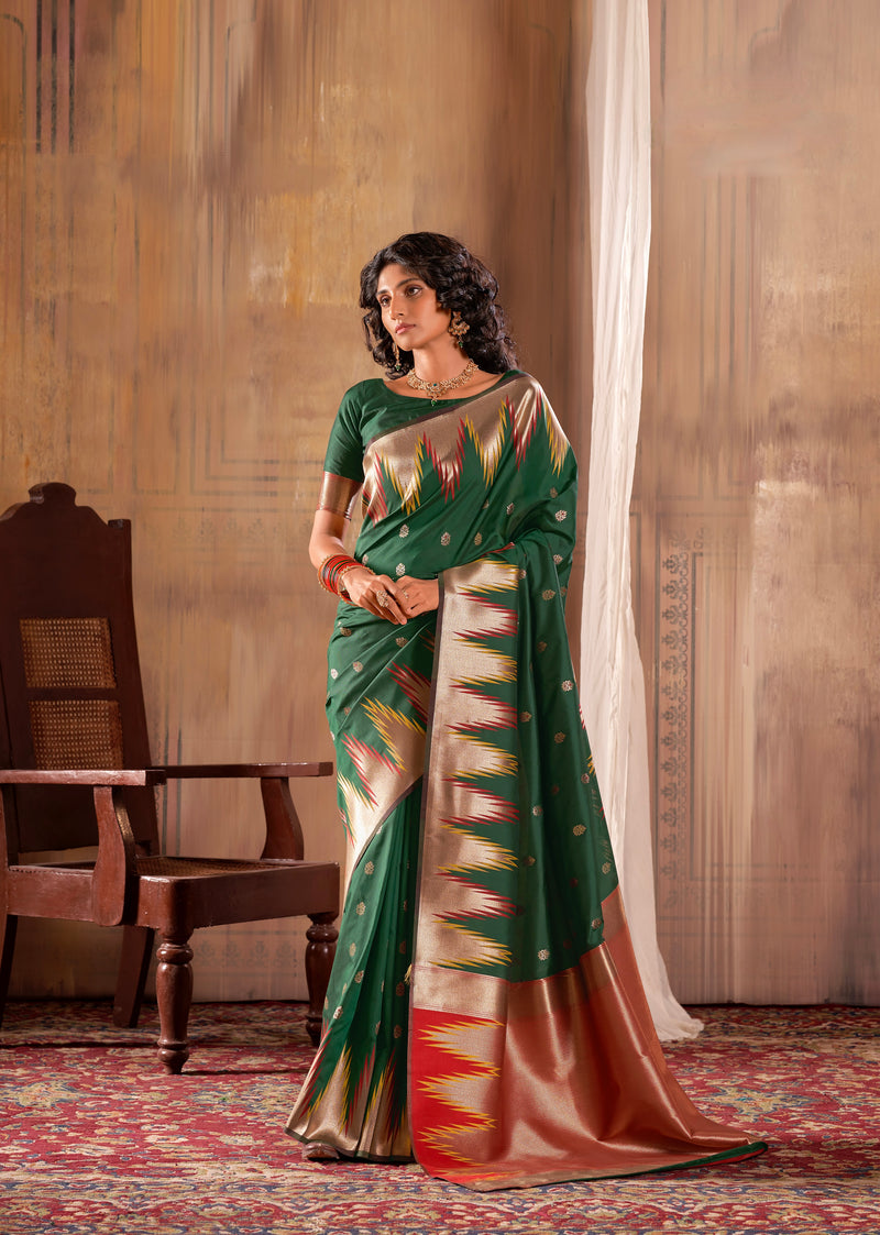 Bottle Green Zari Work Woven Silk Saree