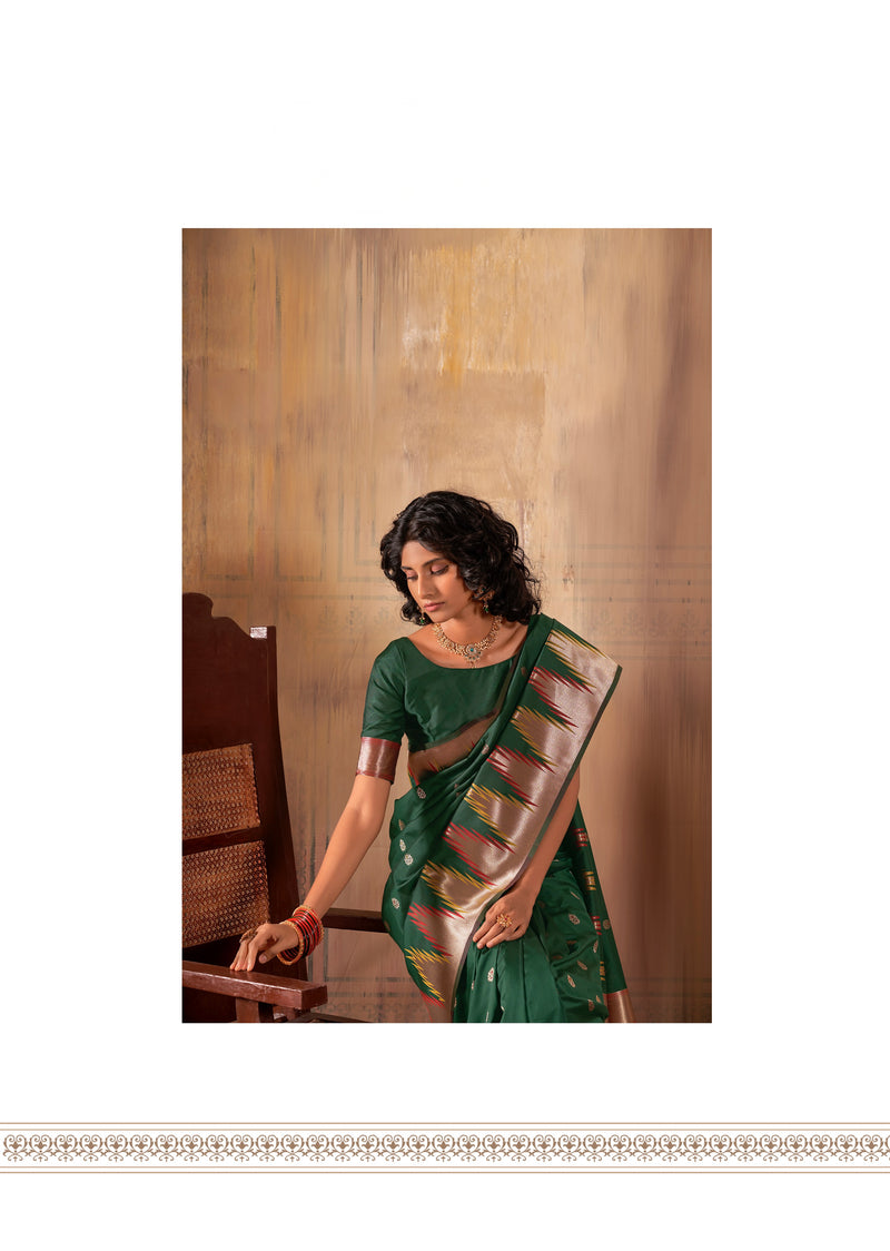 Bottle Green Zari Work Woven Silk Saree