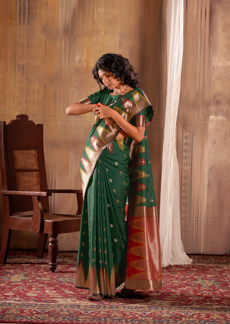 Bottle Green Zari Work Woven Silk Saree