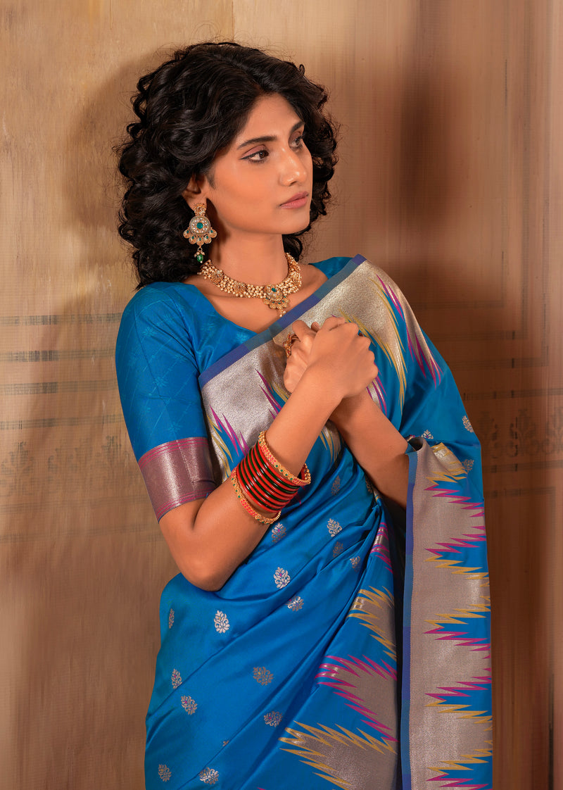 Lovely Blue Zari Work Woven Silk Saree