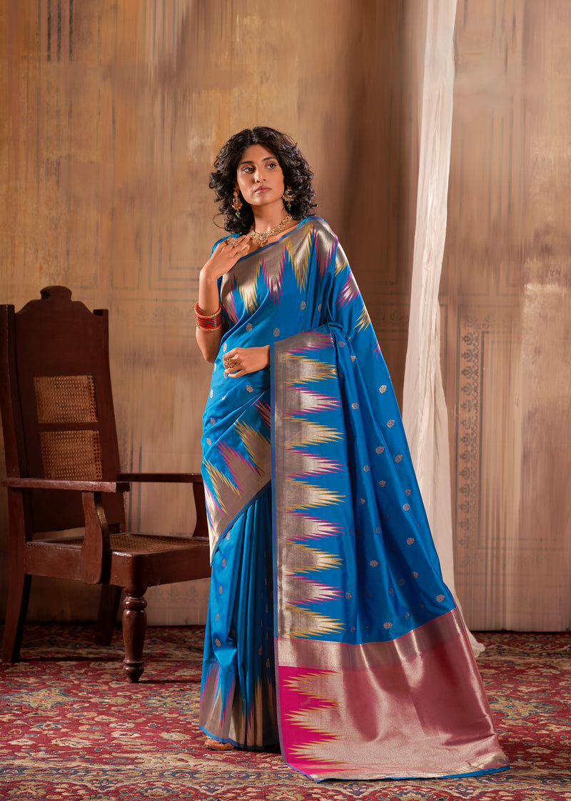 Lovely Blue Zari Work Woven Silk Saree