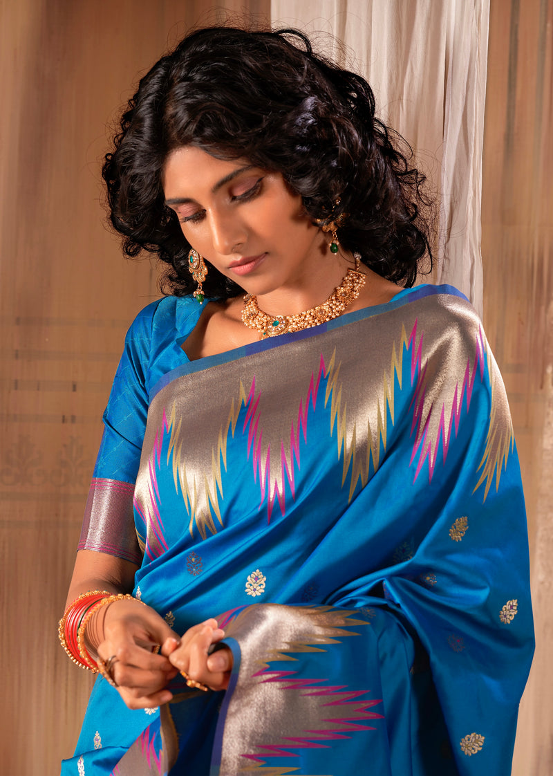 Lovely Blue Zari Work Woven Silk Saree