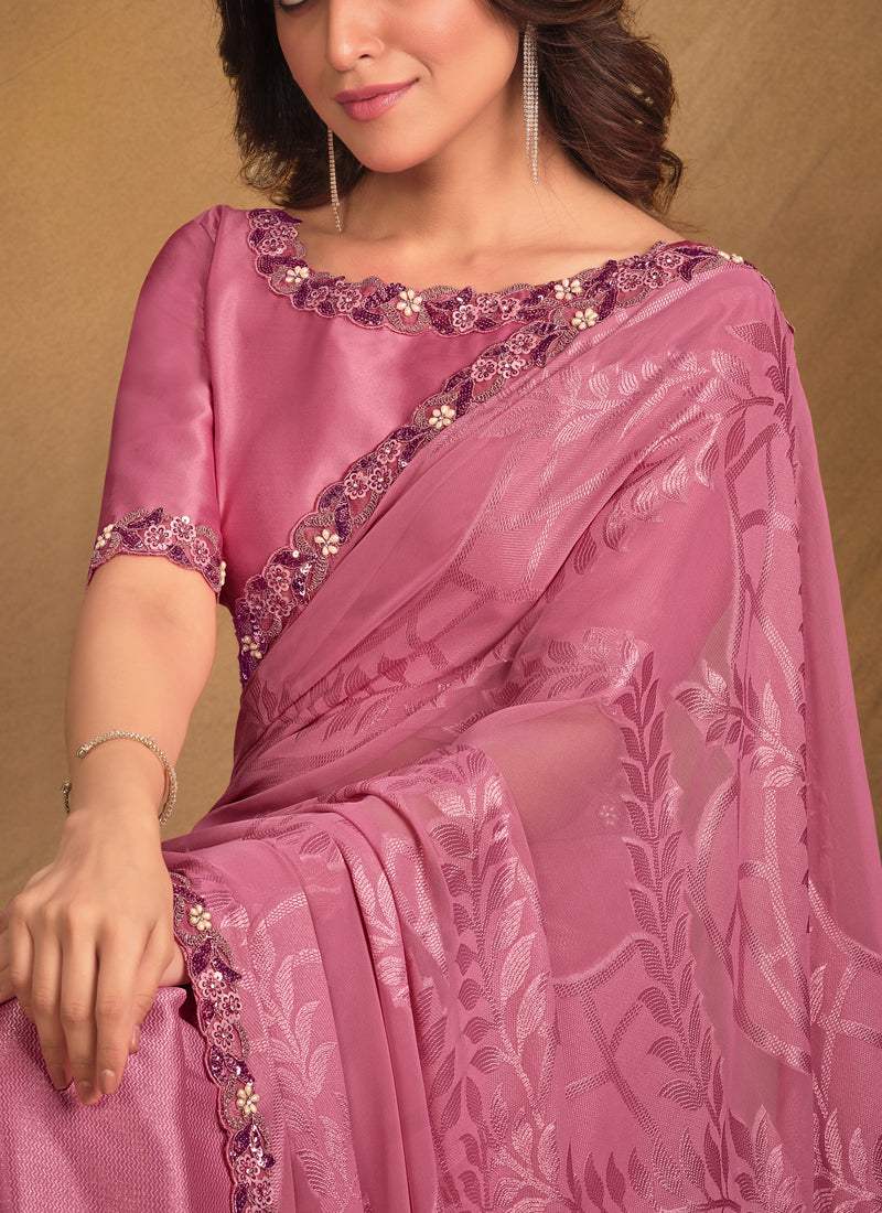 Pink Embroidered Jacquard Contemporary Saree