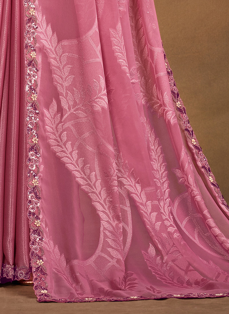 Pink Embroidered Jacquard Contemporary Saree