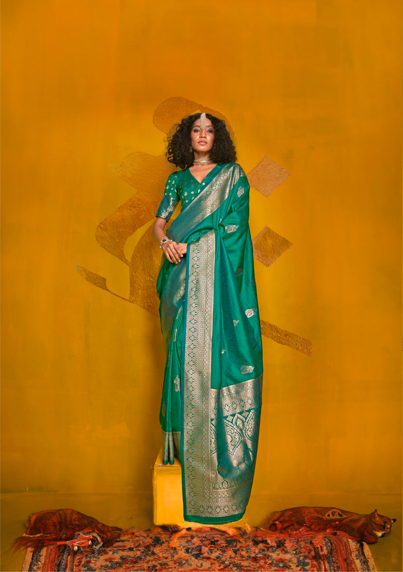 Stunning Green Zari Weaving Silk Saree