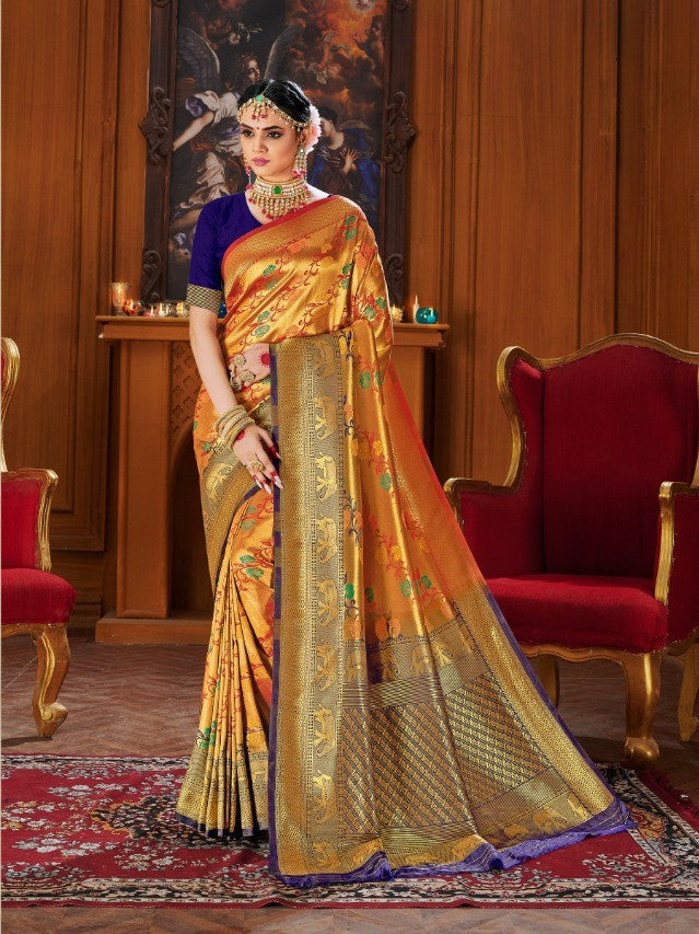 Shiny Yellow Zari Work Silk Saree With Blouse Piece