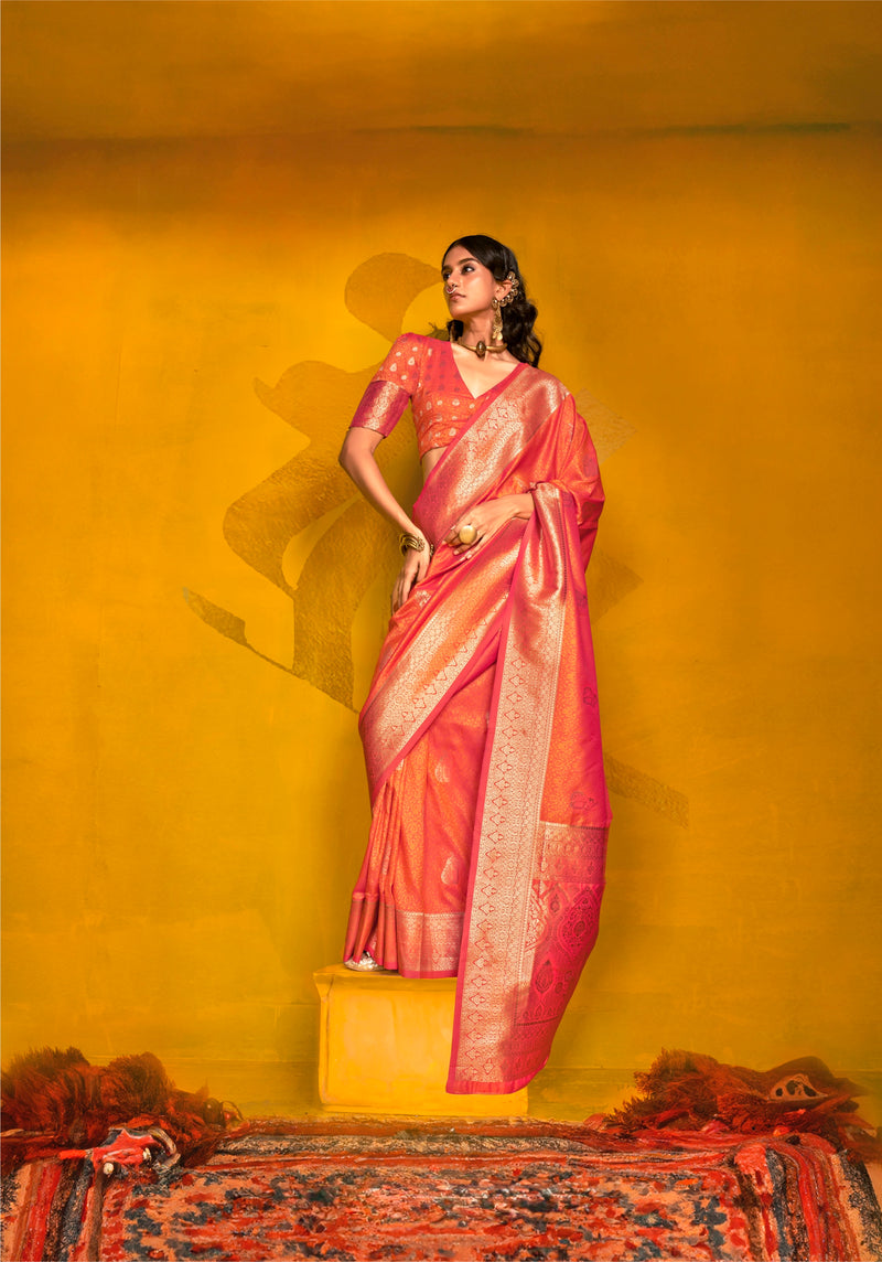 Stunning Orange Zari Weaving Silk Saree