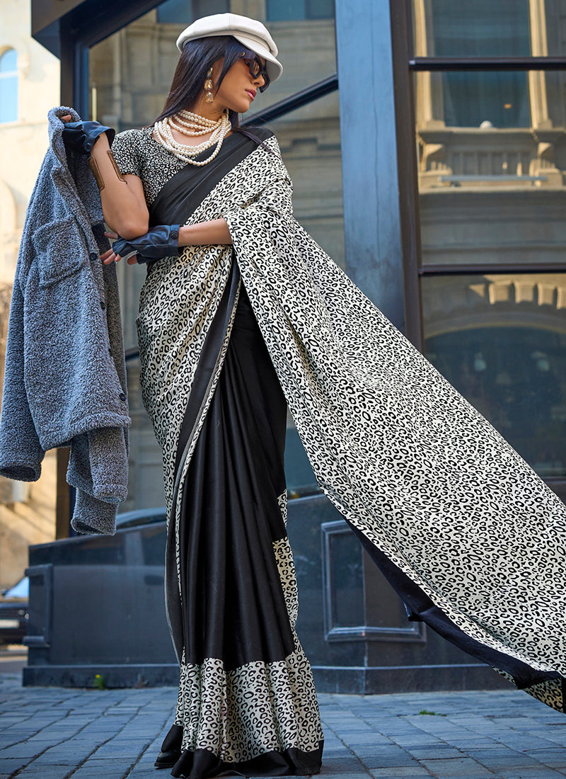 Multi Print work Satin Crepe Silk Saree