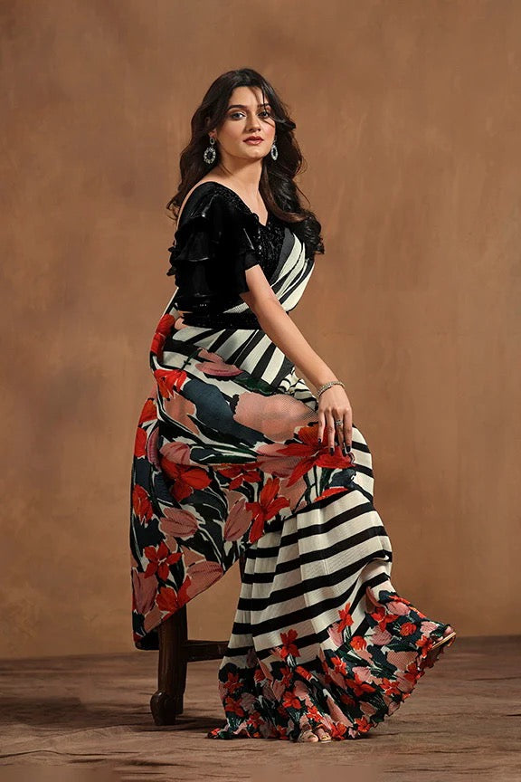 Black and White Ready to wear Saree with Stitched Blouse