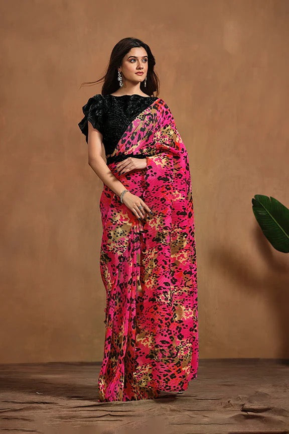 Pink Pure Satin Silk Ready to wear Saree with Stitched Blouse