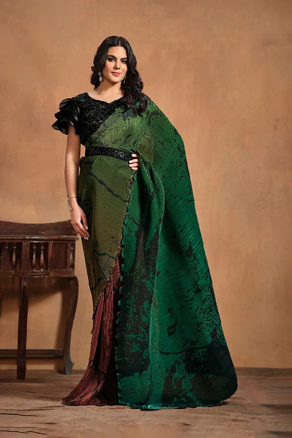 Green Pure Satin Silk Ready to wear Saree with Stitched Blouse