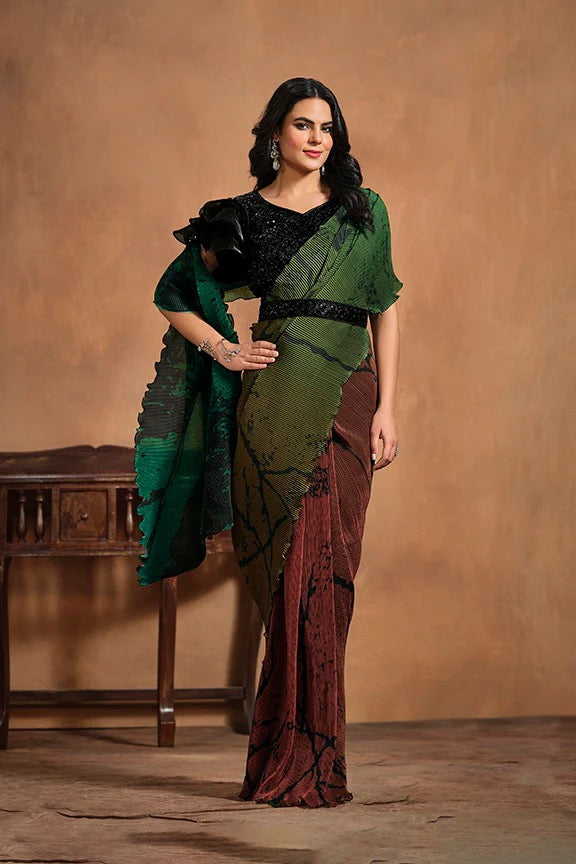 Green Pure Satin Silk Ready to wear Saree with Stitched Blouse