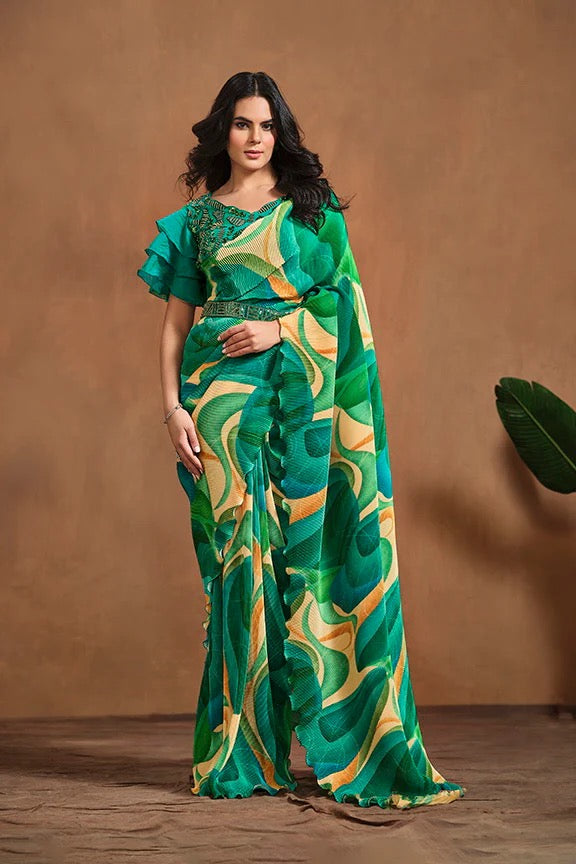 Green Pure Satin Silk Ready to wear Saree with Stitched Blouse