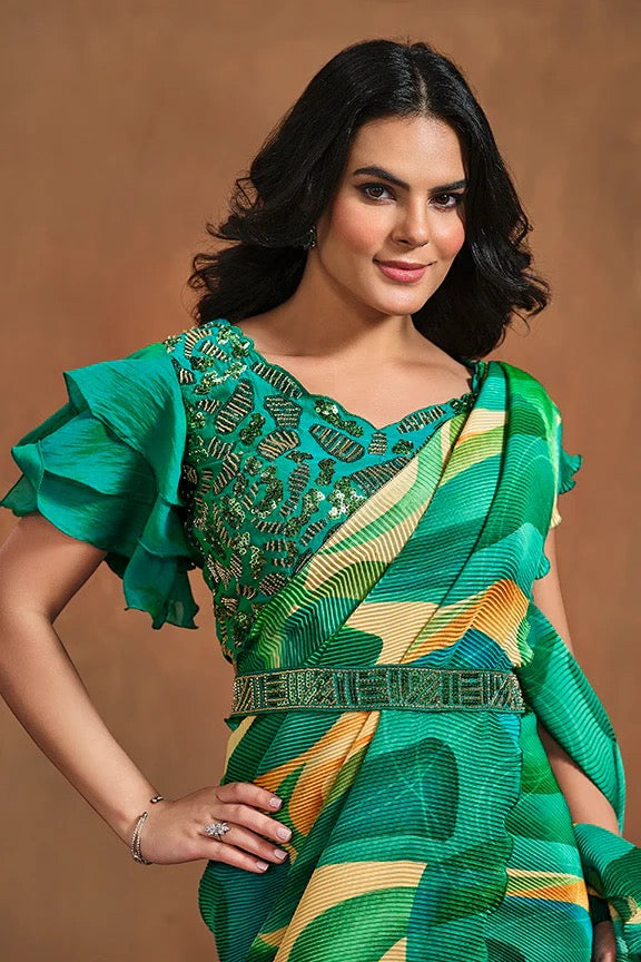 Green Pure Satin Silk Ready to wear Saree with Stitched Blouse