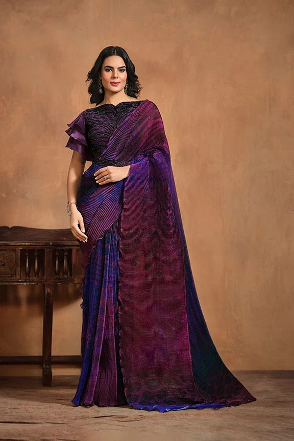 Purple Pure Satin Silk Ready to wear Saree with Stitched Blouse