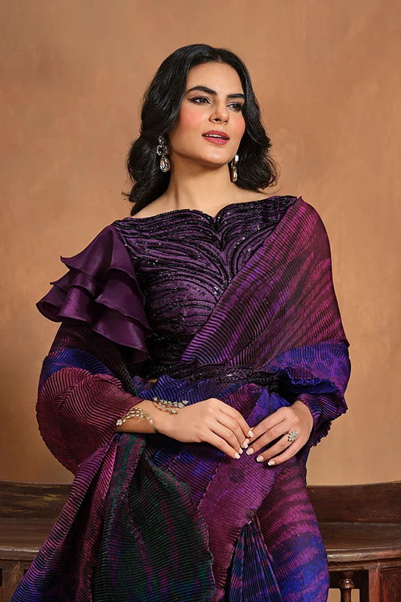 Purple Pure Satin Silk Ready to wear Saree with Stitched Blouse