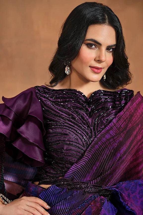 Purple Pure Satin Silk Ready to wear Saree with Stitched Blouse