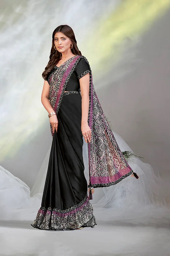 Black Satin Crepe Silk Ready to wear Saree with Stitched Blouse