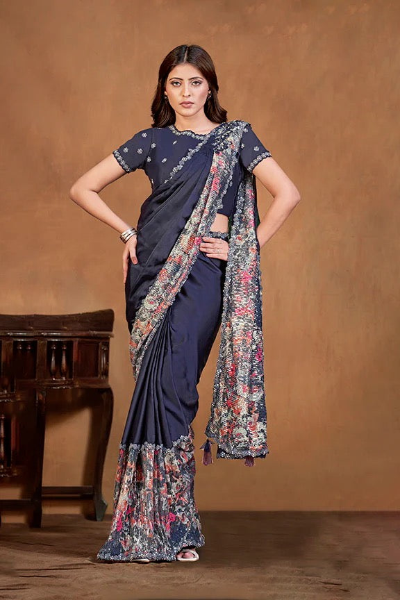 Blue Satin Crepe Silk Ready to wear Saree with Stitched Blouse