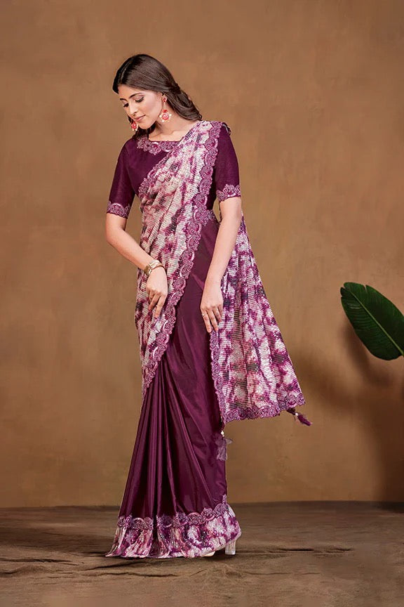 Wine Satin Crepe Silk Ready to wear Saree with Stitched Blouse