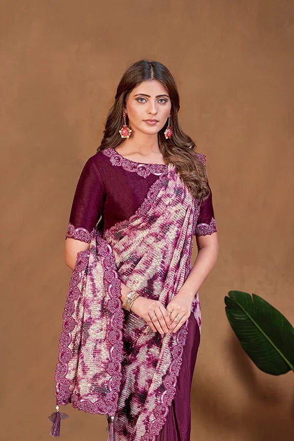 Wine Satin Crepe Silk Ready to wear Saree with Stitched Blouse