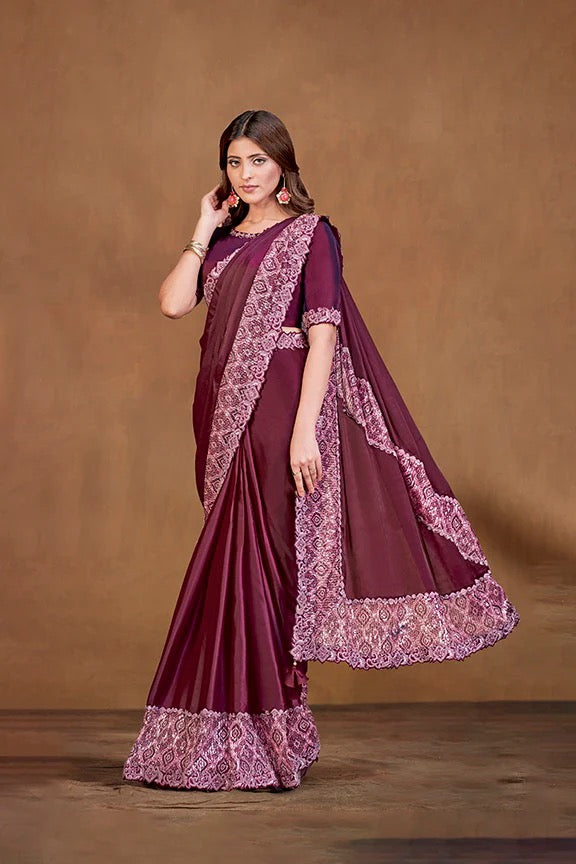 Wine Satin Crepe Silk Ready to wear Saree with Stitched Blouse