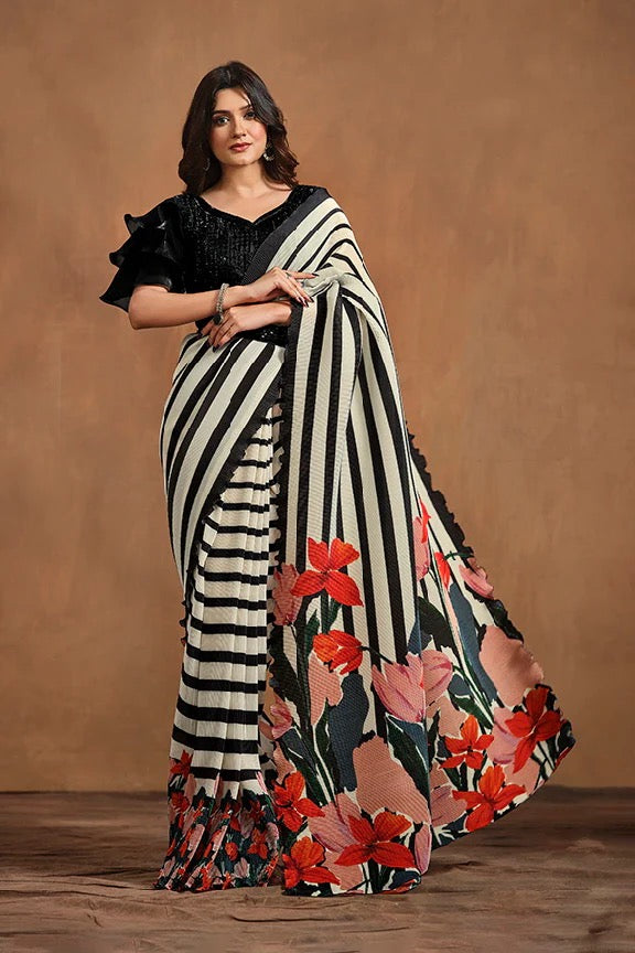 Black and White Ready to wear Saree with Stitched Blouse