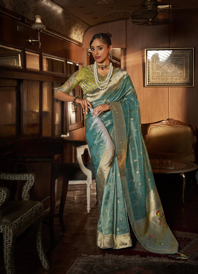 Cerulean Blue Pure Tissue Paithani Silk Saree