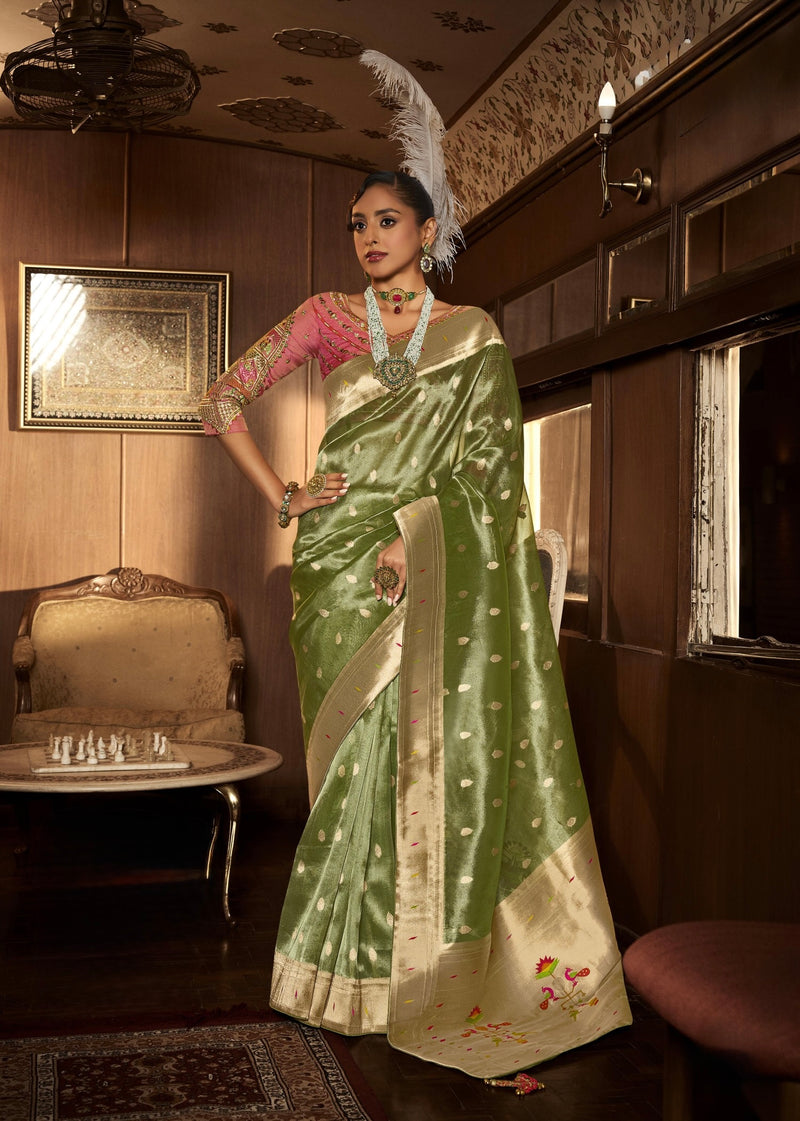 Pear Green Pure Tissue Paithani Silk Saree