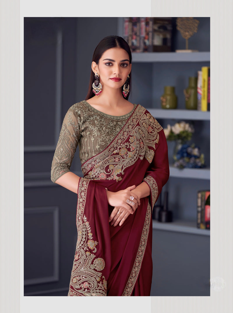 Maroon Colour Satin Silk Designer Saree