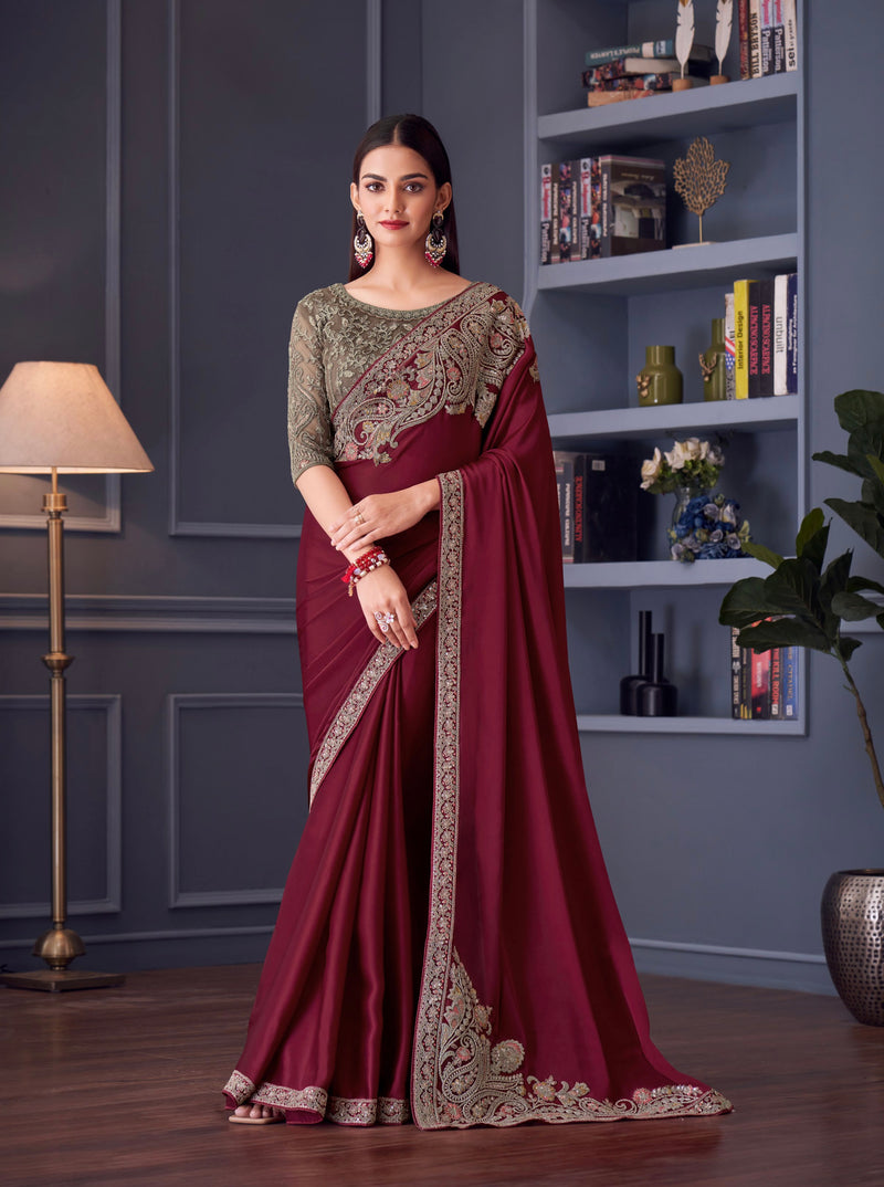 Maroon Colour Satin Silk Designer Saree