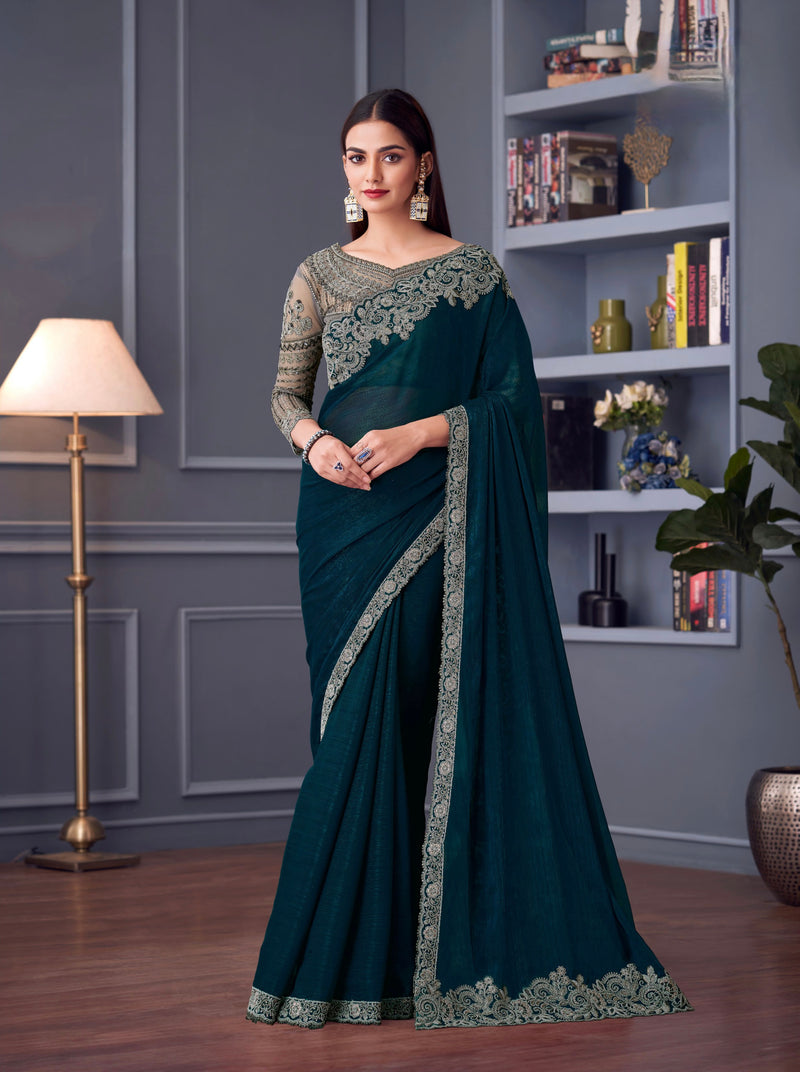 Dark Teal Chiffon Silk Designer Saree