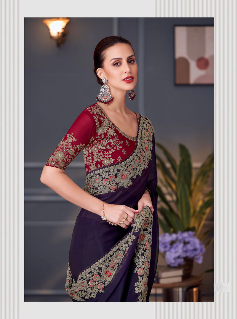 Purple Colour Georgette Silk Designer Saree